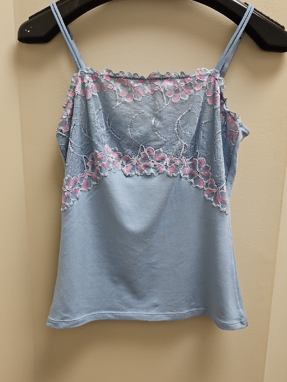 Felina 2 PIECE  Light Blue Camisole AND Brief with Pink Lace Floral Trim